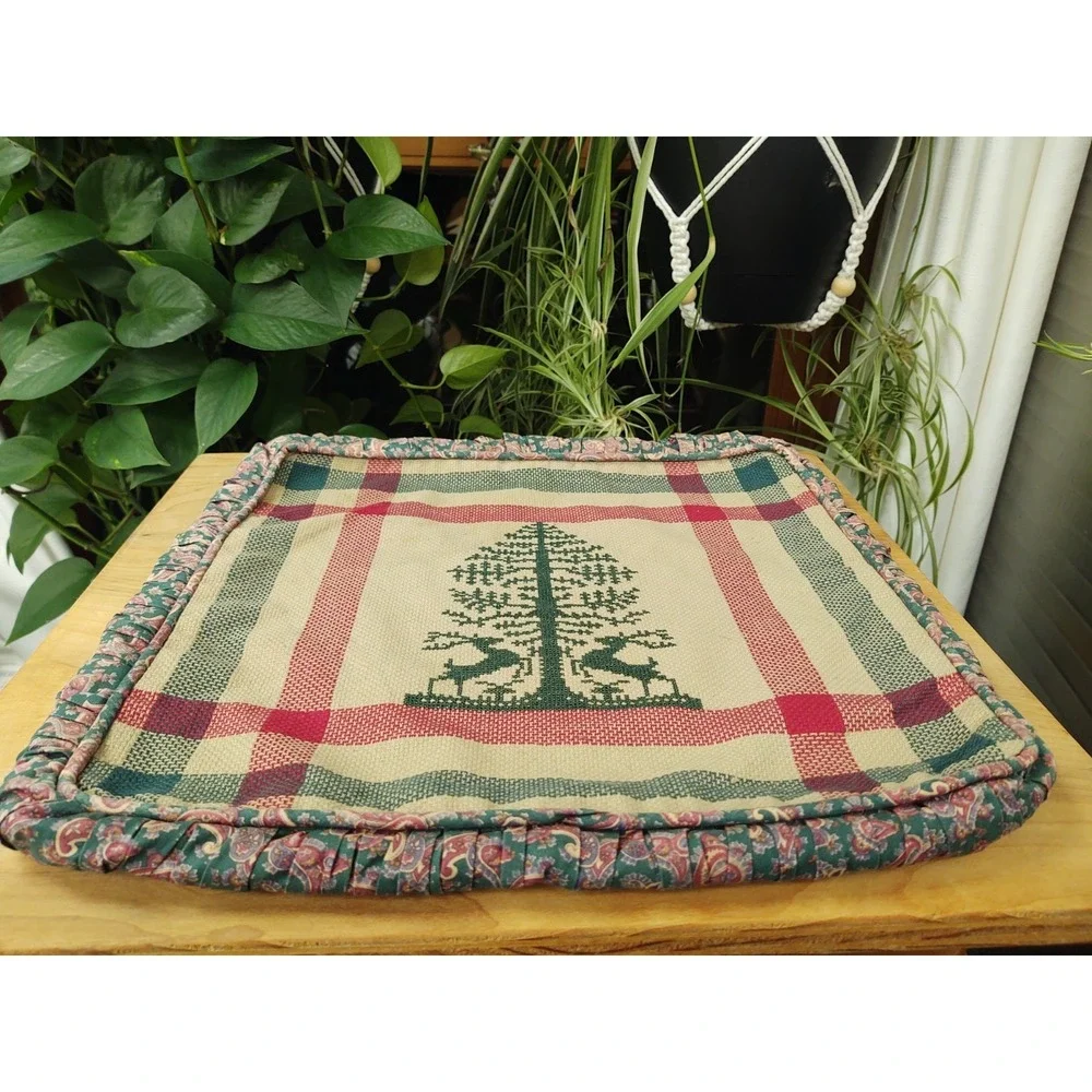 Completed Cross Stitch Tree Deer Ruched Sides Hidden Zipper Piping Pillow 15X15